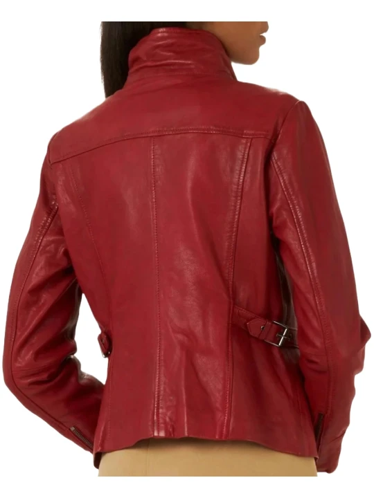 Red Genuine Leather Jacket With Stand Collar