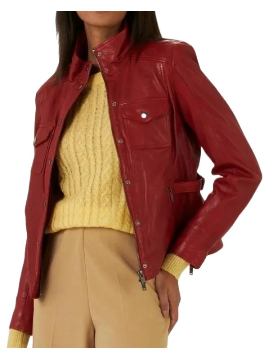 Red Genuine Leather Jacket With Stand Collar