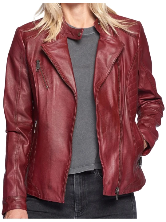 Burgundy Quilted Straight Leather Jacket