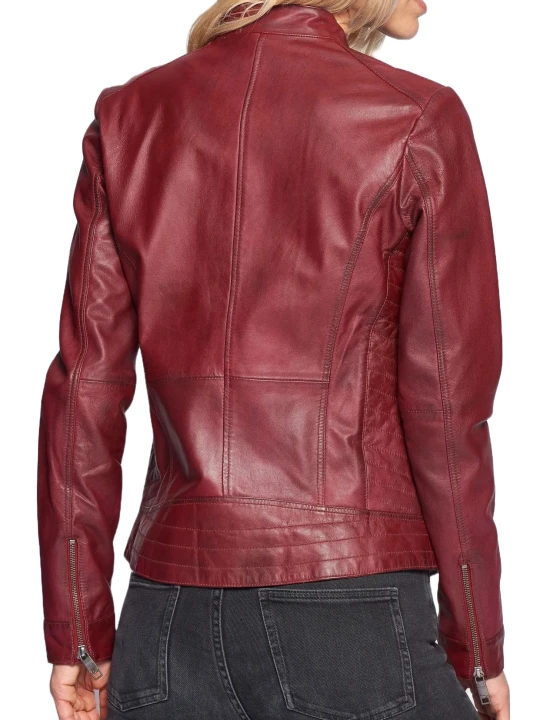 Burgundy Quilted Straight Leather Jacket