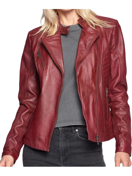 Burgundy Quilted Straight Leather Jacket