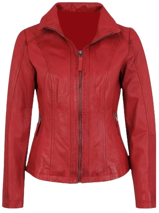Red Standing Collar Leather Jacket