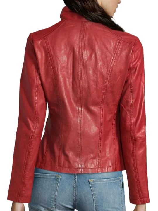 Red Standing Collar Leather Jacket
