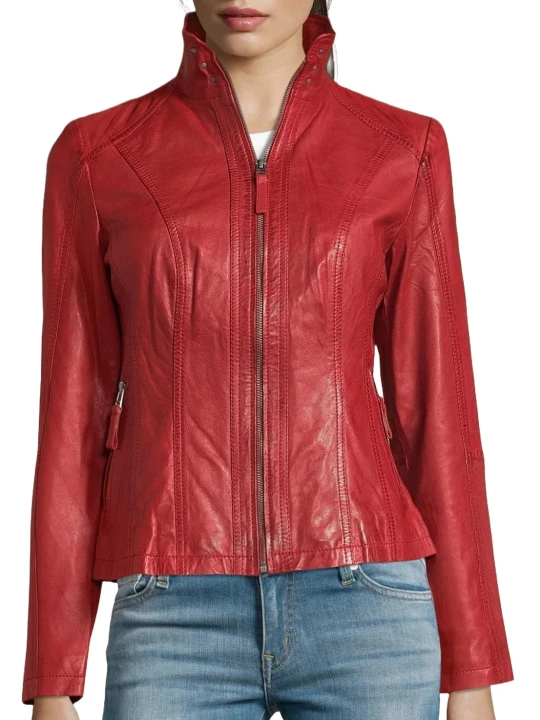 Red Standing Collar Leather Jacket