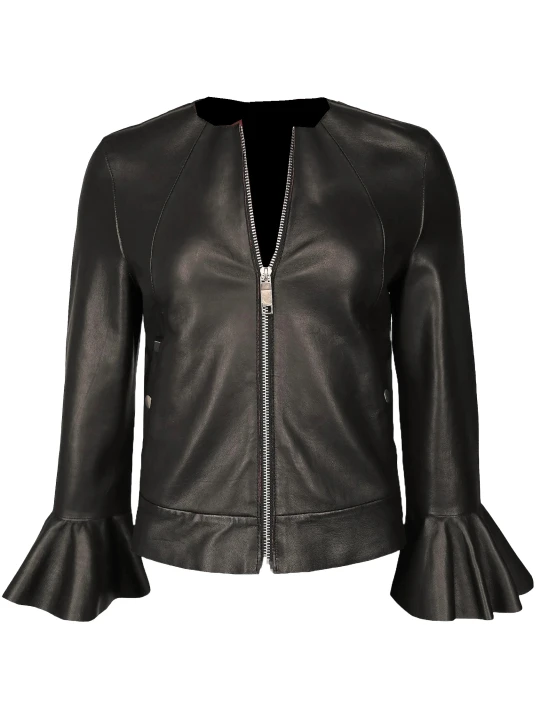 Reffled Sleeves Real Leather Jacket