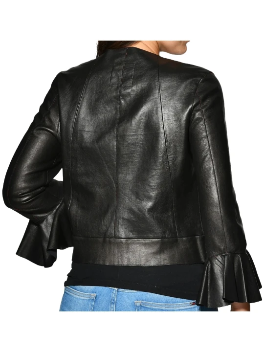 Reffled Sleeves Real Leather Jacket