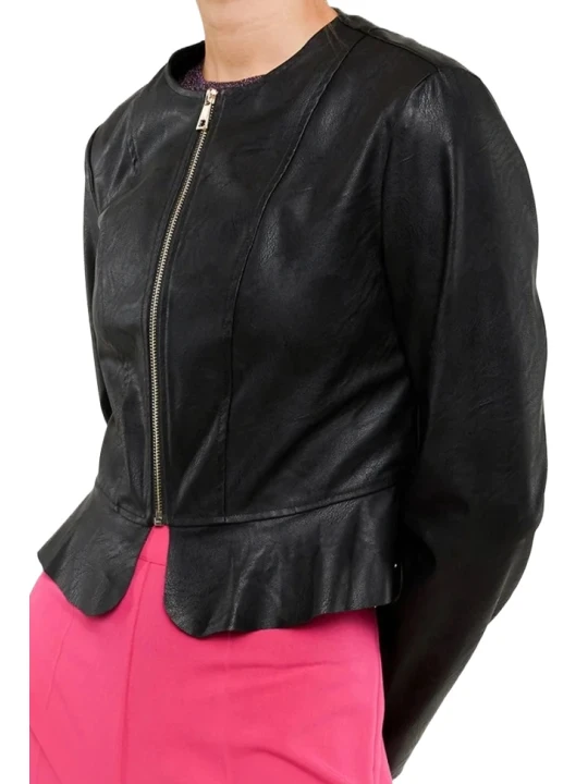 Round Neck Peplum Black Leather Jacket