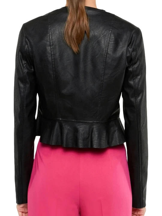Round Neck Peplum Black Leather Jacket