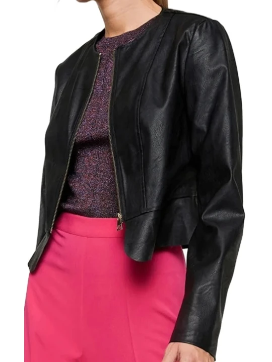 Round Neck Peplum Black Leather Jacket