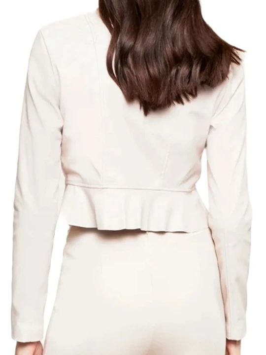 Round Neck Peplum White Leather Jacket