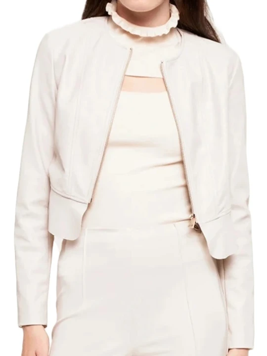 Round Neck Peplum White Leather Jacket
