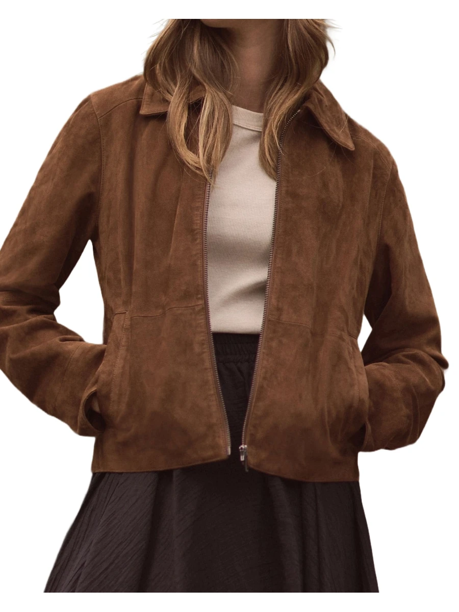 Shirt Collar Brown Suede Leather Jacket