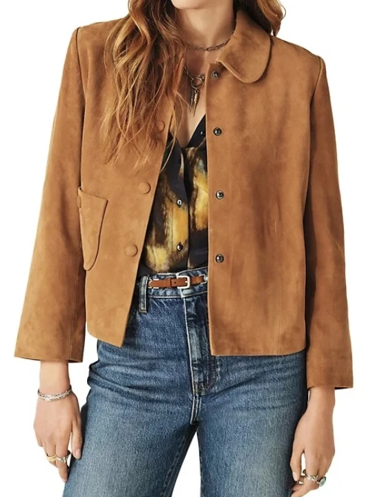 Shirt Collar Camel Suede Leather Jacket