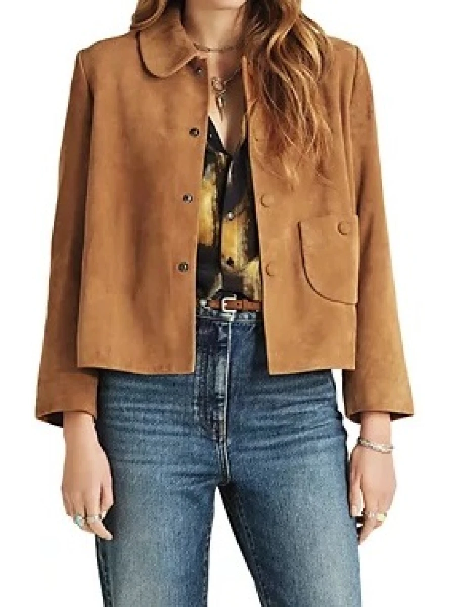 Shirt Collar Camel Suede Leather Jacket