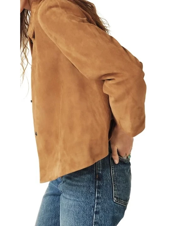 Shirt Collar Camel Suede Leather Jacket