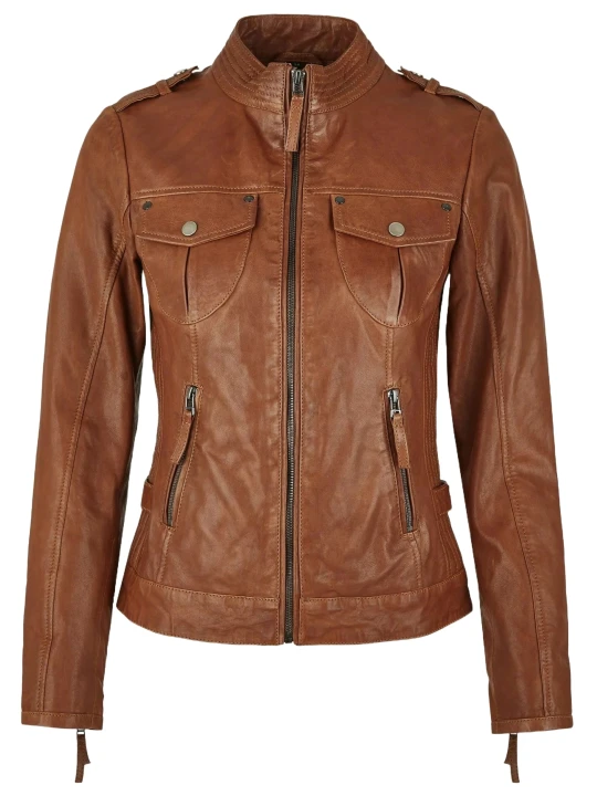 Side Zip Pockets In Cognac Leather Jacket