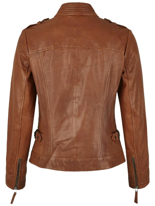 Side Zip Pockets In Cognac Leather Jacket