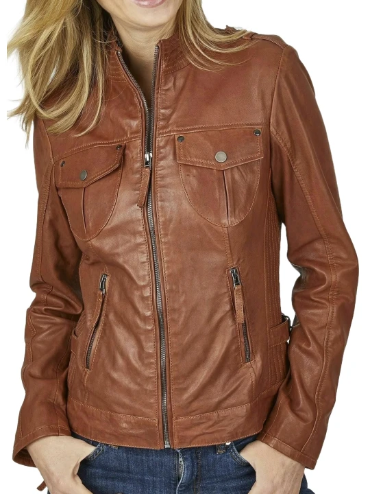 Side Zip Pockets In Cognac Leather Jacket