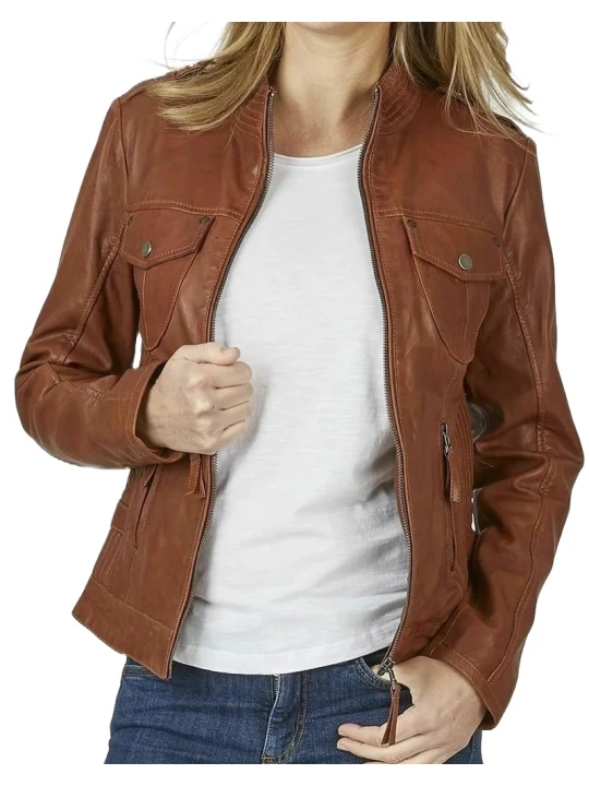 Side Zip Pockets In Cognac Leather Jacket