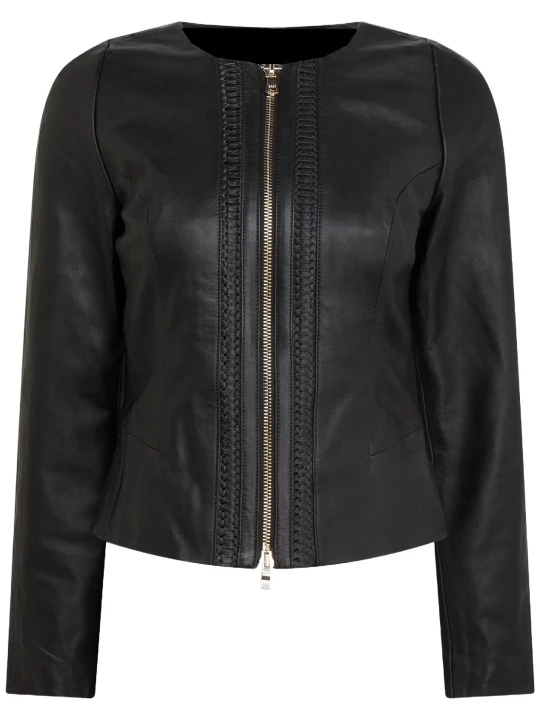 Simple Round Neck Leather Jacket
