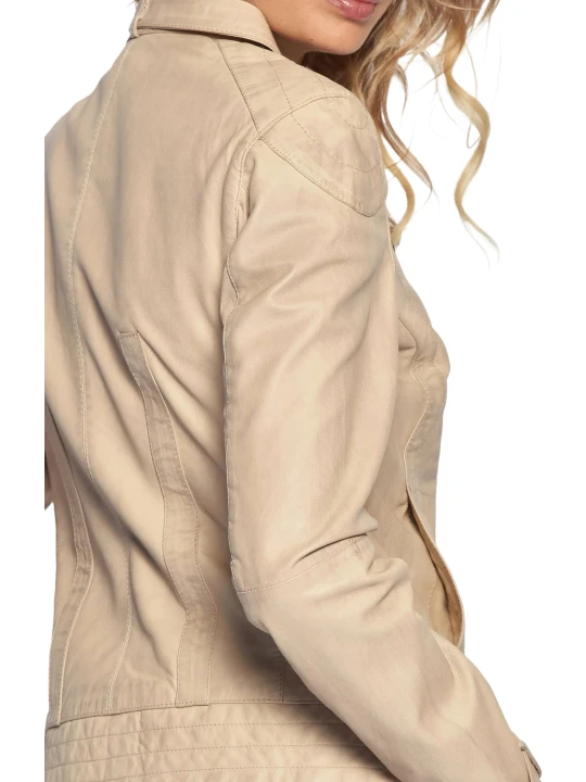 Slim Fit Beige Leather Moto Jacket