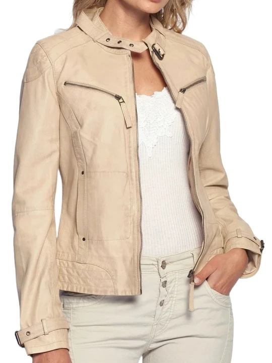 Slim Fit Beige Leather Moto Jacket