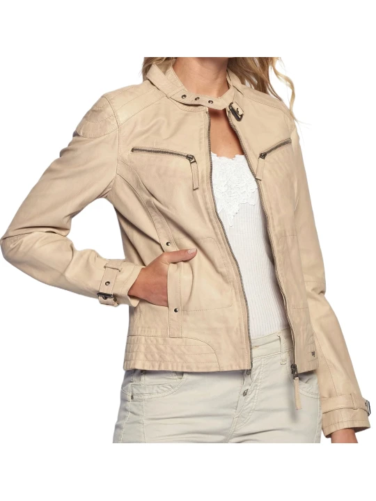 Slim Fit Beige Leather Moto Jacket