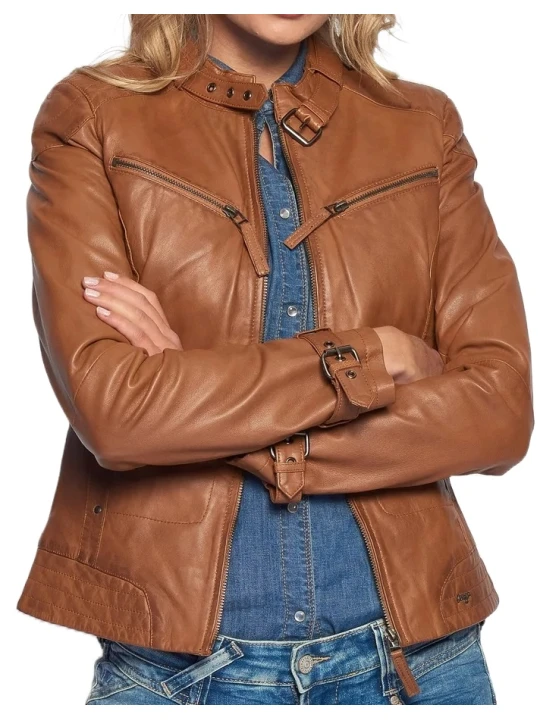 Slim Fit Cognac Leather Moto Jacket
