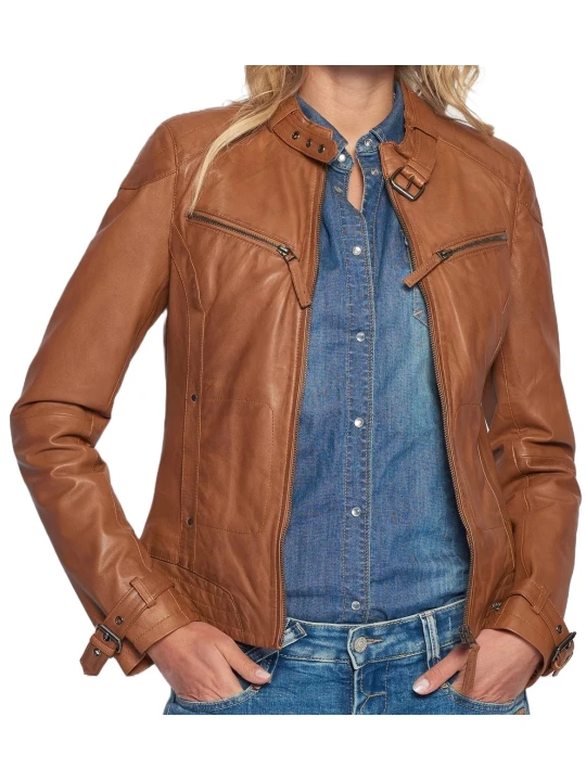 Slim Fit Cognac Leather Moto Jacket