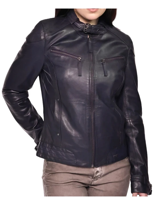 Slim Fit Navy Blue Leather Moto Jacket