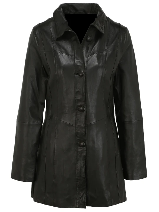 Soft Ladies Plain Black Leather Coat
