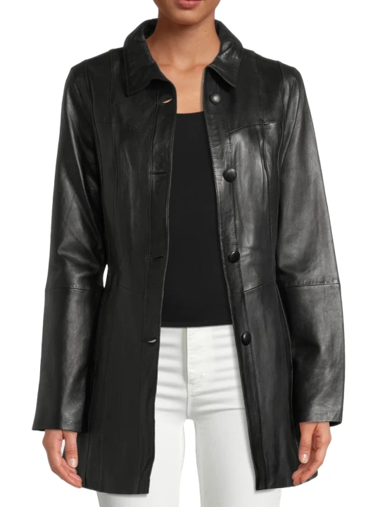 Soft Ladies Plain Black Leather Coat