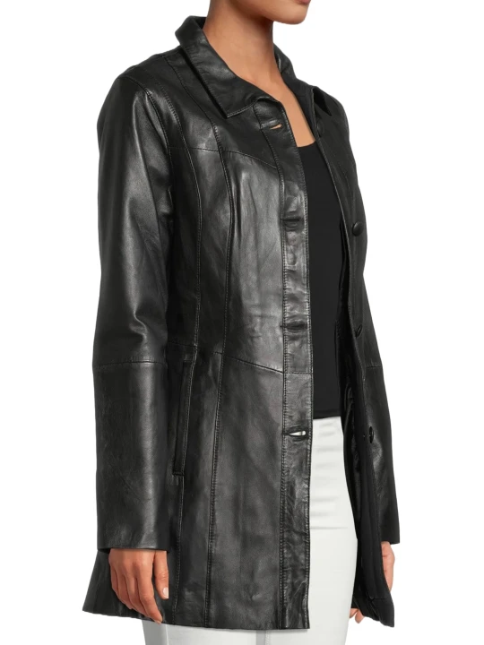 Soft Ladies Plain Black Leather Coat