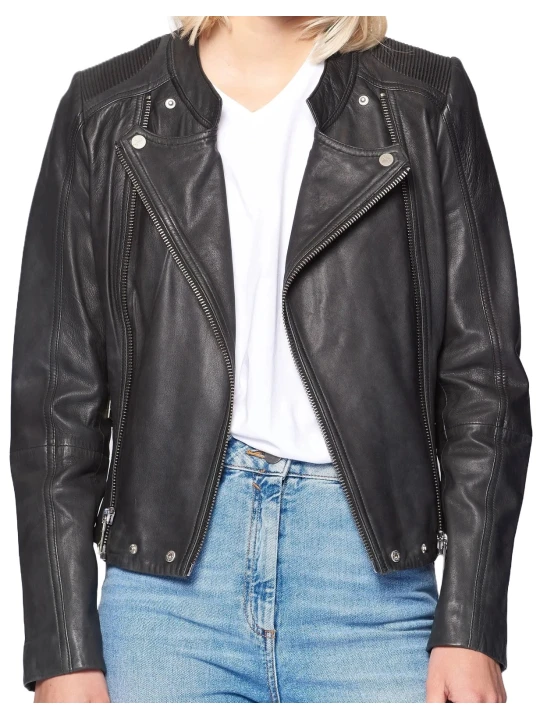 Unique Front Zipper Black Leather Jacket