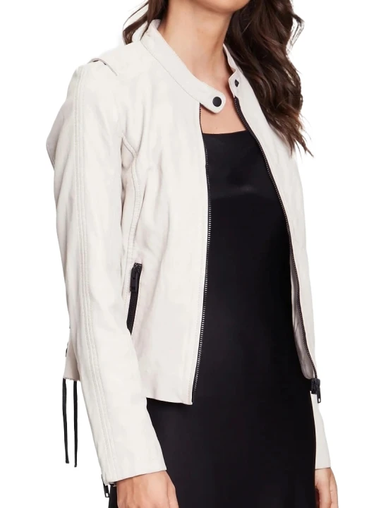 White Leather Jacket With Zippered Sleeves