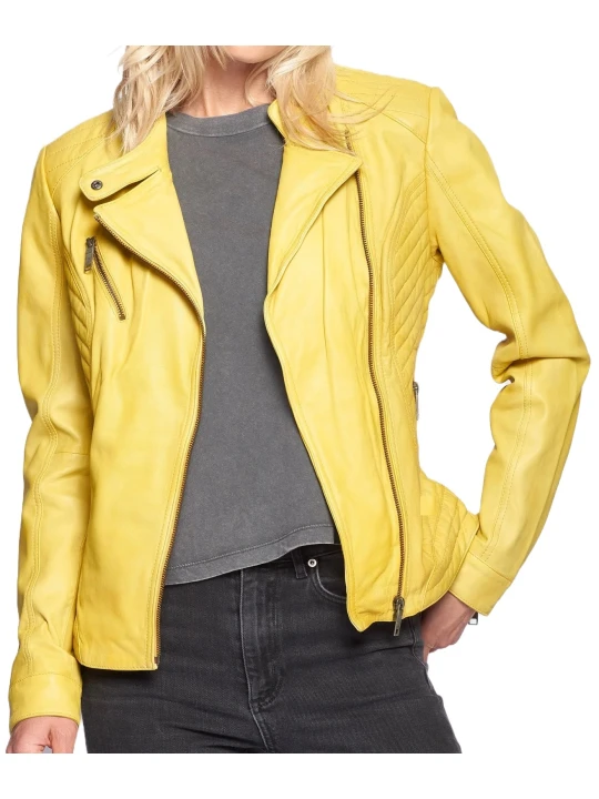 Yellow Quilted Straight Leather Jacket