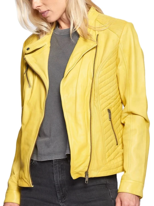 Yellow Quilted Straight Leather Jacket
