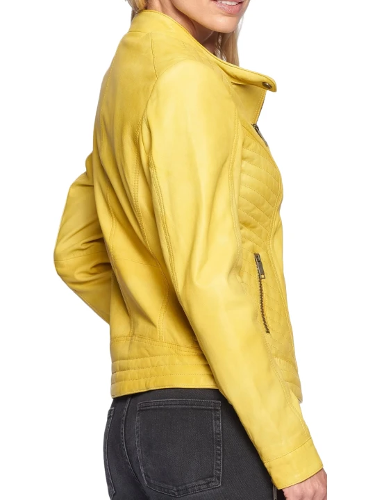 Yellow Quilted Straight Leather Jacket