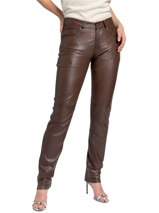 Women Great Look Real Lambskin Brown Leather Jeans