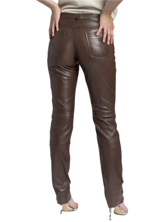 Women Great Look Real Lambskin Brown Leather Jeans