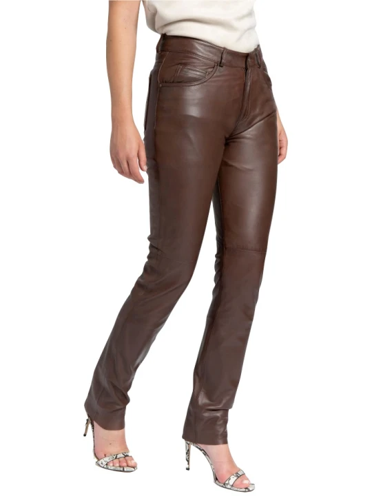 Women Great Look Real Lambskin Brown Leather Jeans