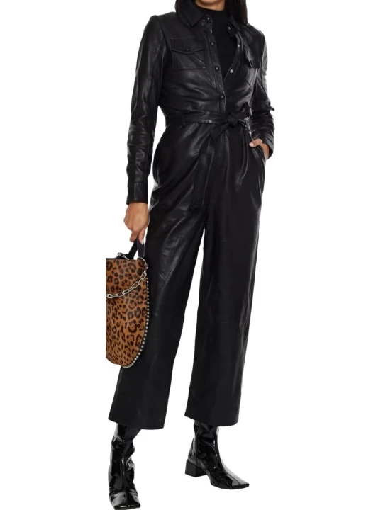 Black Chest Pockets Leather Jumpsuit