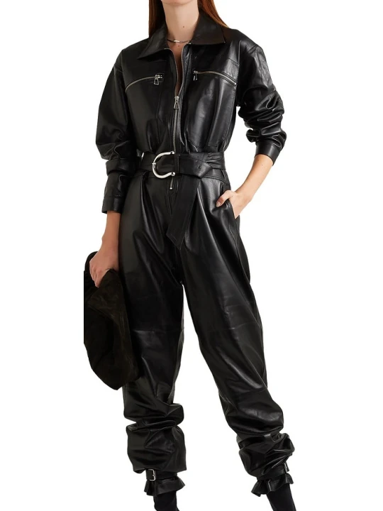 Black Leather Jumpsuit With Belt