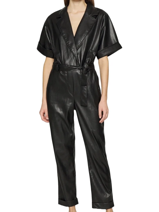 Black Short Sleeve Jumpsuit Leather
