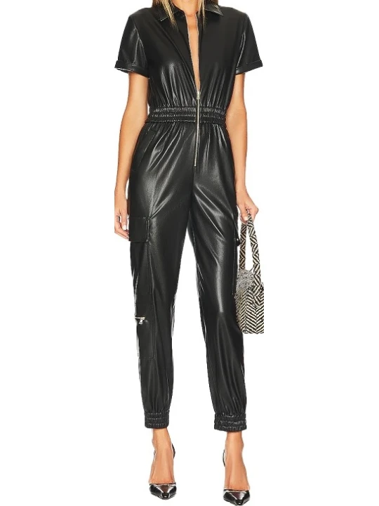 Front Zipper Black Leather Jumpsuit