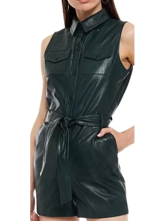 Green Back Zip Leather Jumpsuit