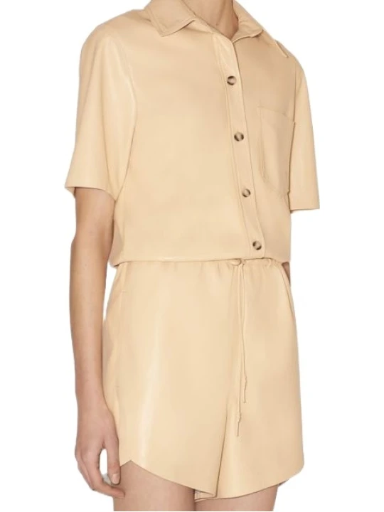 Half Sleeves Beige Leather Jumpsuit