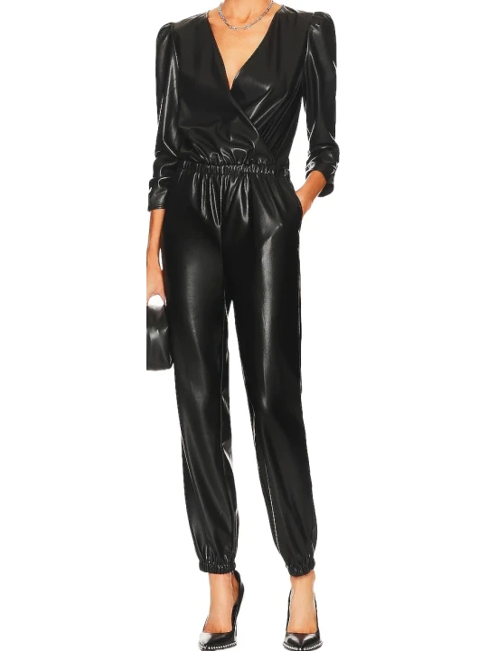 Hidden Back Zip Black Leather Jumpsuit