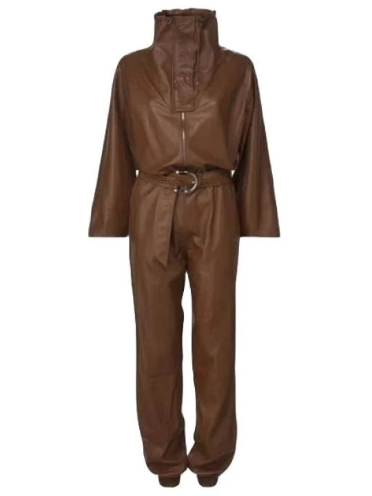 High Neck Brown Leather Jumpsuit