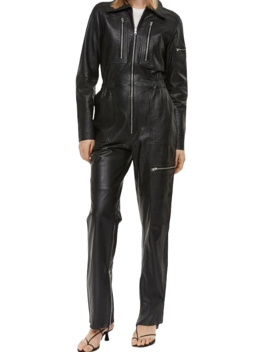 Long Straight Legs Leather Jumpsuit Black